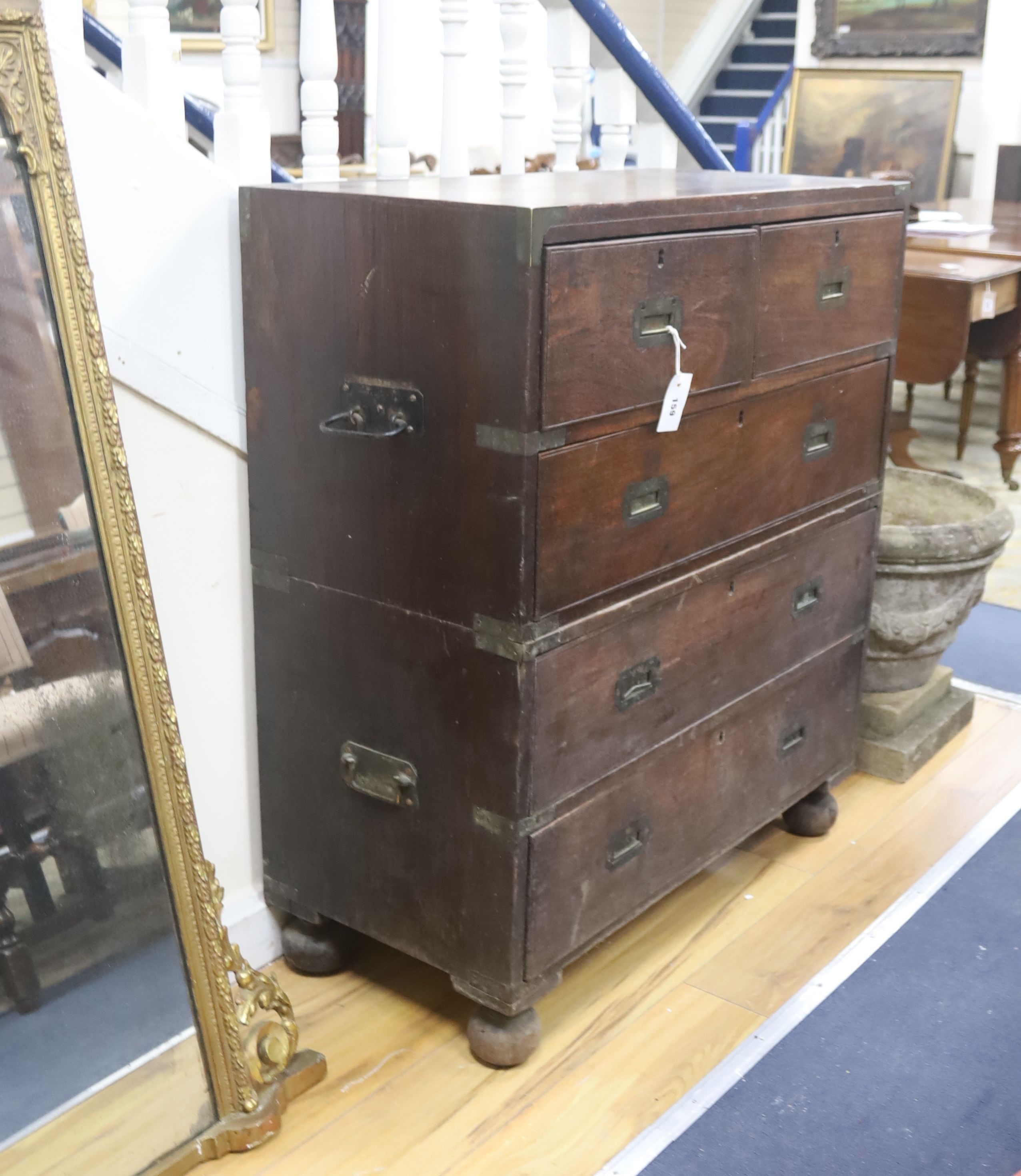 A mid 19th century Indian rosewood brass mounted two part military chest, width 91cm, depth 43cm, height 104cm